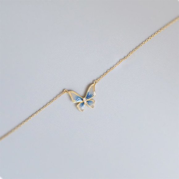 NEW Silver Gold Butterfly Blue Drop Glaze Necklace - Picture 3 of 8